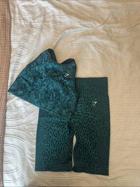Gymshark Teal Green Patterned Athletic Shorts and Crop Top Set